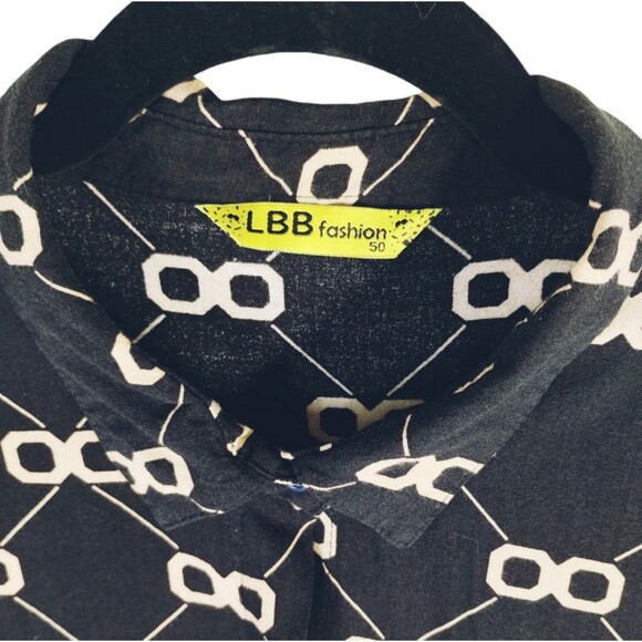 LBB Blouse Women's L Long Sleeve Button Up Cotton Black Tan Graphic 100% Cotton - Picture 3 of 10